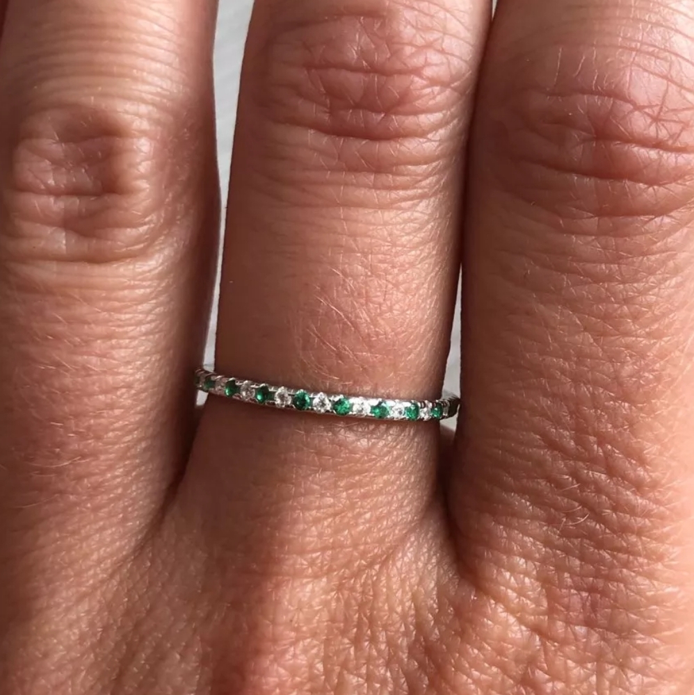 Green Clear Zircon Pave Sterling Silver Band Stackable Diamond Emerald Eternity